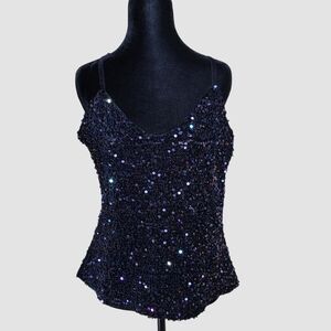 Rock & Roll Denim Sequin Spaghetti Strap Size Large Swiftie Party Top